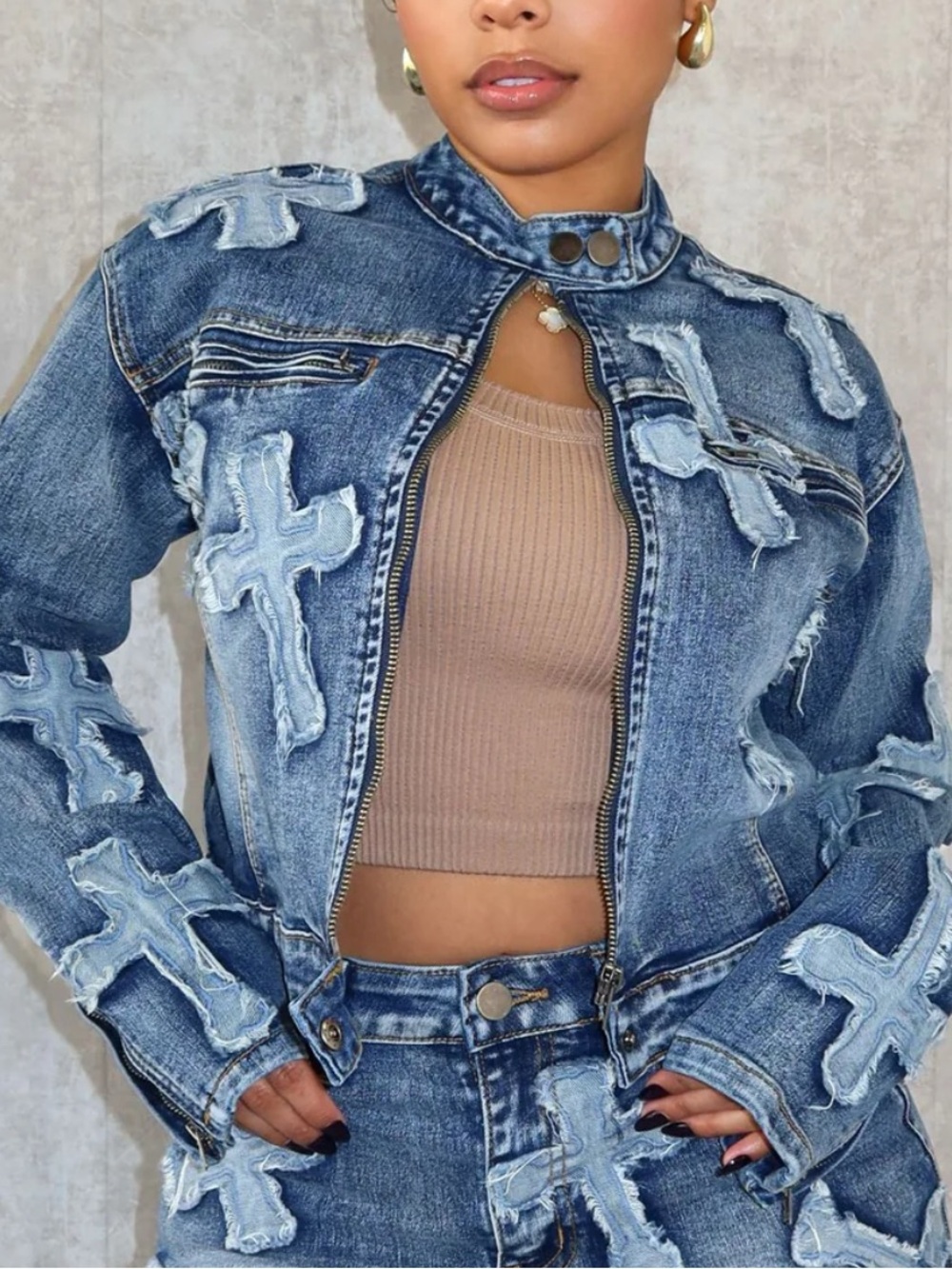 Distressed Patchwork Blue Denim Jean Jacket - Women's